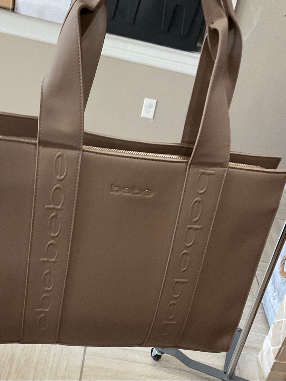 bebe Taupe Brown Logo Strap Tote